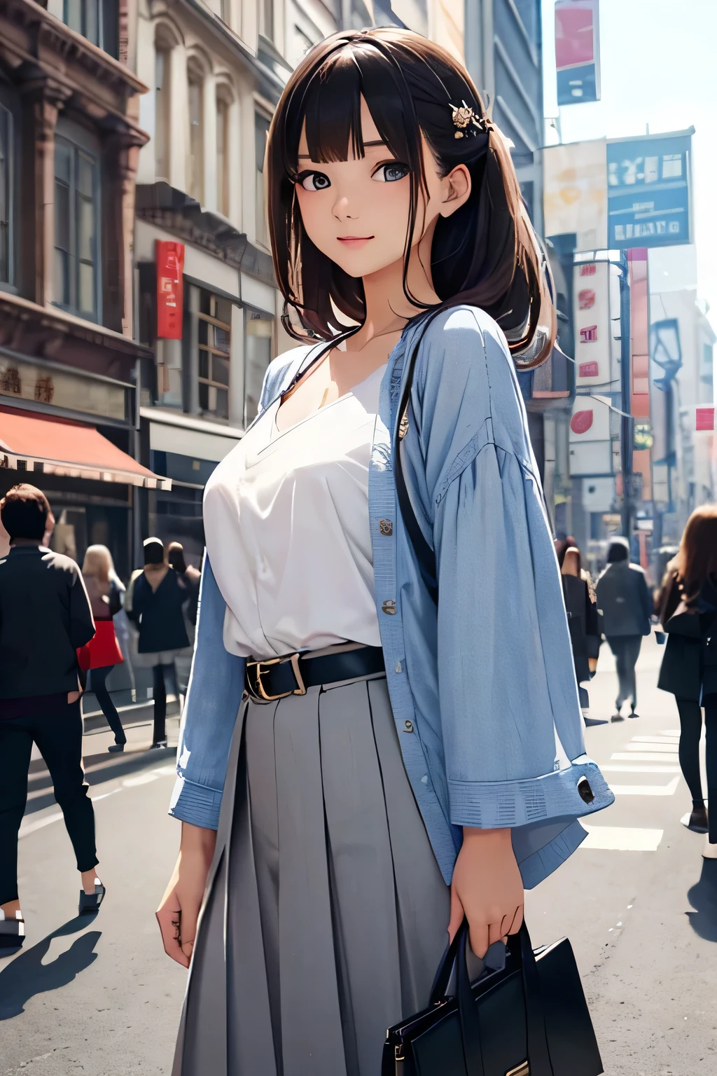 Highest quality、High resolution、Detailed Background、(Beautiful face in every detail:1.4)、Anatomically correct、(Detailed facial expressions)、(Detailed eyes:1.2)、Teenage beauty、(Highly detailed face:1.2)、Perfect body line、well-groomed eyebrowodel pose、A big smile、Cowboy Shot、Shibuya、Harajuku、Kobe、

(Beautiful model girl on the background of landmarks:1.5)、

Blouses made from high-quality materials such as chiffon and rayon have a soft silhouette and create a mature look.、It is also recommended to incorporate designs such as lace and embroidery.、
Pants with a center crease will make your legs look longer.、We also recommend trying different silhouettes, such as wide pants or tapered pants.、Skirts that are long or have a flared silhouette give a mature impression.、We also recommend trying different designs, such as tight skirts or pleated skirts.、A shirt dress is a versatile item that can be worn on its own, making it comfortable to wear and can also be worn casually or formally.、Add a belt to mark your waist or accessorize to create a unique look.、Cami dresses are the perfect item for summer.、Wear it with a T-shirt or blouse as an inner layer or with a cardigan.々You can enjoy a stylish outfit.、Tote bags, shoulder bags, etc.々There are various types、
Updos and downdos etc.々Let&#39;s try out different styles、Natural makeup and gorgeous makeup々There is a makeup、very beautiful
