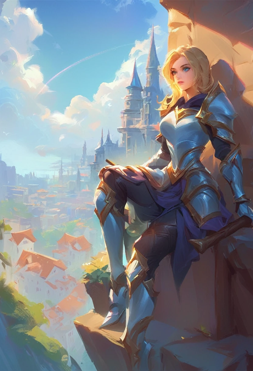 young blonde woman sitting on the corner of a cliff, city, background sky, sitting on high, blonde girl, foreground, walking stick, wears armor on the chest and waist, light armor, Lux, League of Legends, digital painting, illustration style