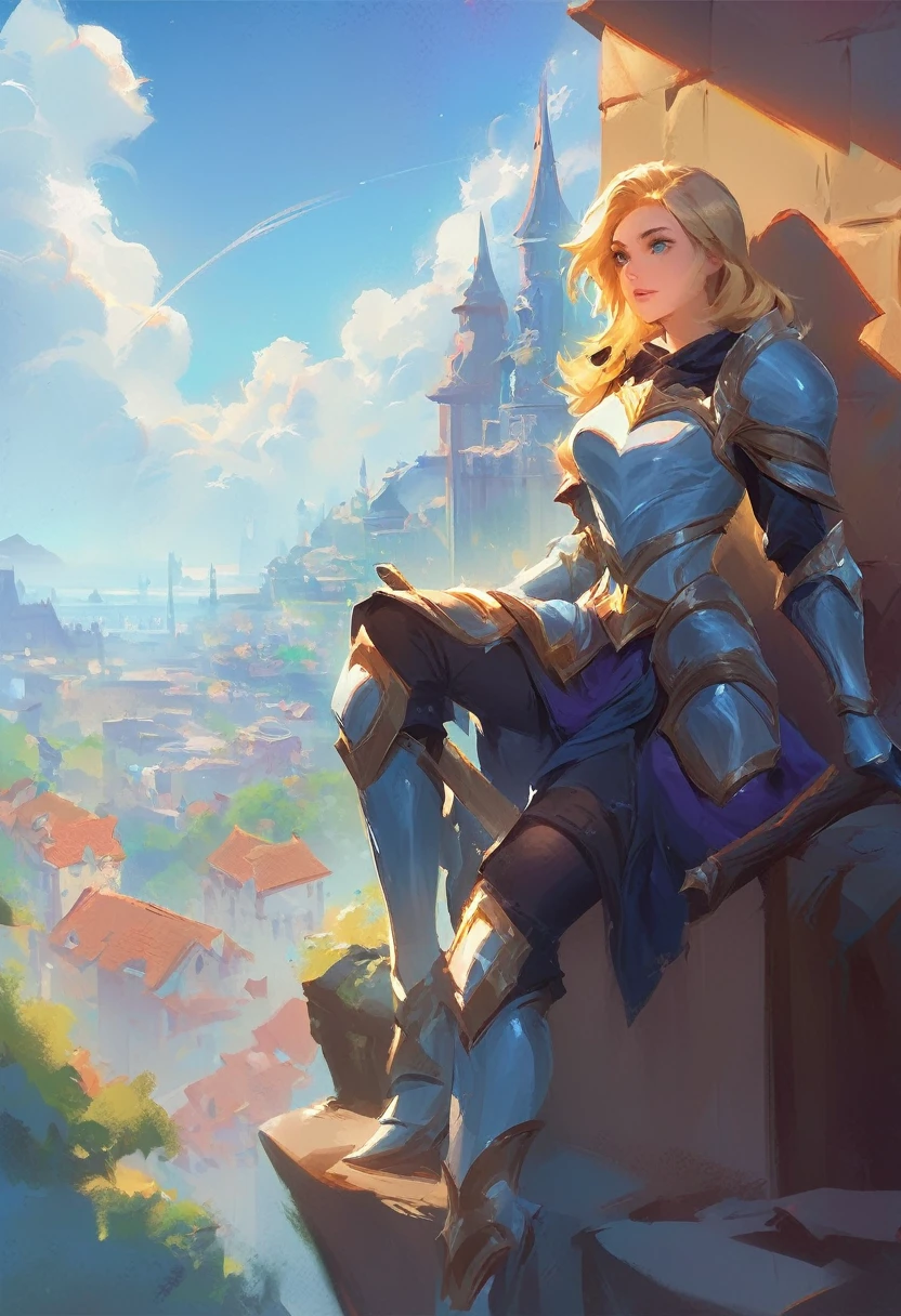 young blonde woman sitting on the corner of a cliff, city, background sky, sitting on high, blonde girl, foreground, walking stick, wears armor on the chest and waist, light armor, Lux, League of Legends, digital painting, illustration style