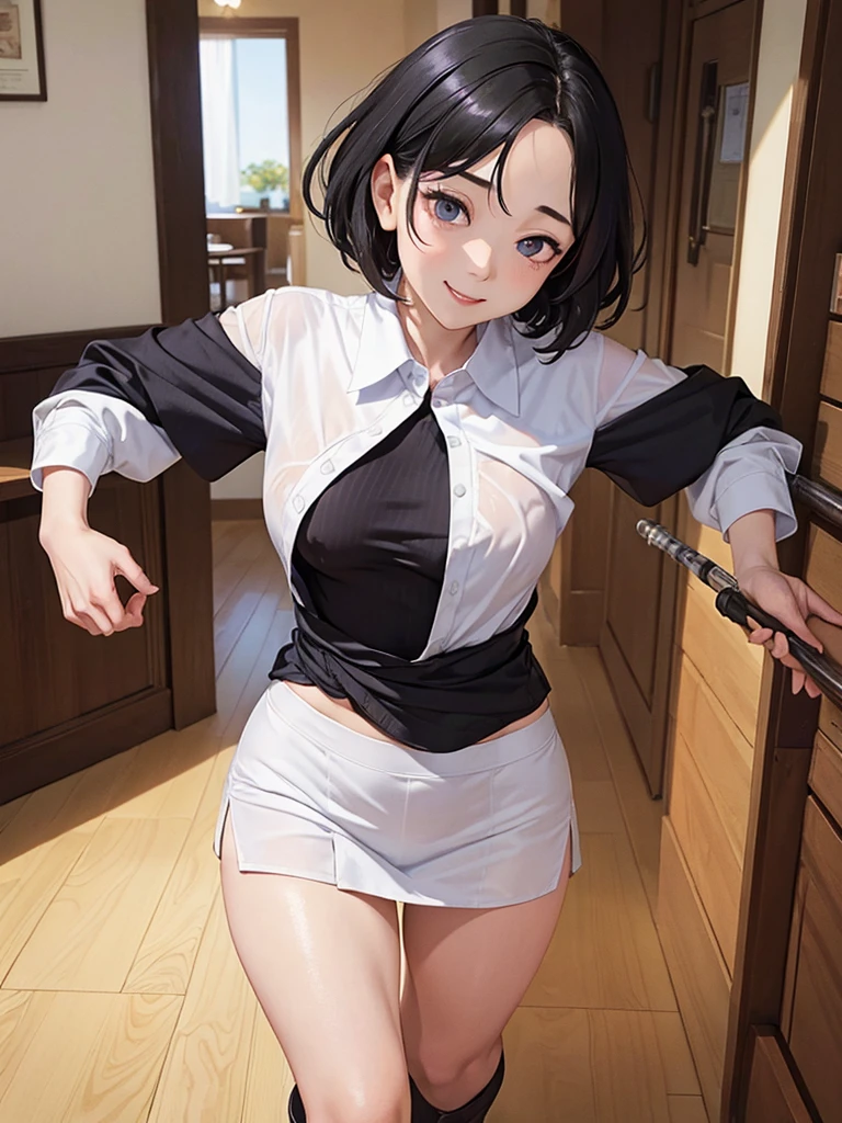 Highest quality、masterpiece、8k、Very detailed、Realistic、One girl、Looking at me with a smile、Black Hair、Short Hair、Small face、Slender、Big Breasts、Thin and beautiful legs、narrow and constricted waist,、((Open center tight shirt:1.5))、Tight Skirt、Dressed like a female teacher、(Erect nipples:1.2)、(50 years old:1.2)、(Wrinkles around the eyes:1.2)、(wrinkles around the mouth:1.2)