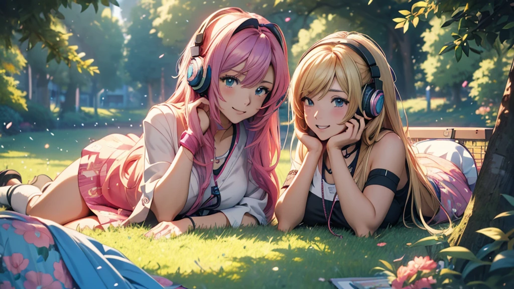 Woman wearing headphones, Anime Style 4 k, anime wallpaper 4k, anime wallpaper 4k, 4k anime wallpaper, anime art wallpaper 4k, anime art wallpaper 4k, Anime Style. 8k, Anime atmosphere, , Ultra HD Anime Wallpaper, Anime Art Wallpaper 8K, Anime Background,landscape、grassland、Lying down、Meadow、picnic