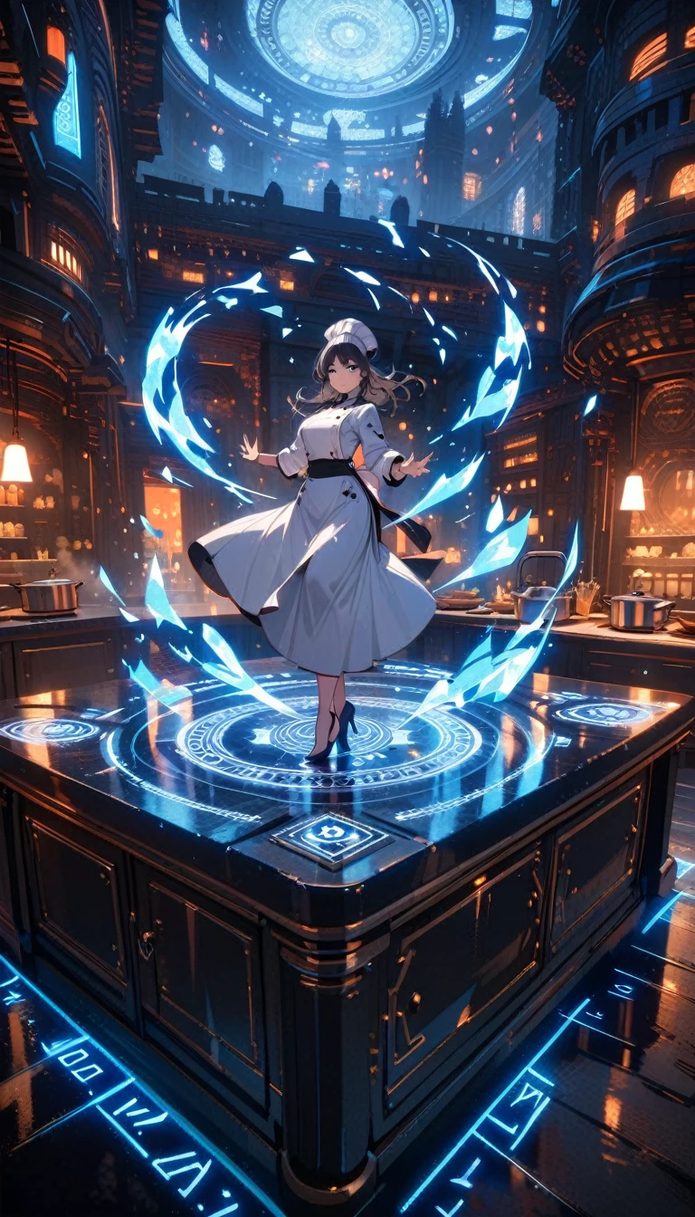 ((best quality)) , ((masterpiece)) , (detailed),1 female,beautiful detailed glow, detailed ice, beautiful detailed water, (magic circle:1.2), (floating palaces:1.3),((kitchen)),Female chef,High heel,((whole body))
