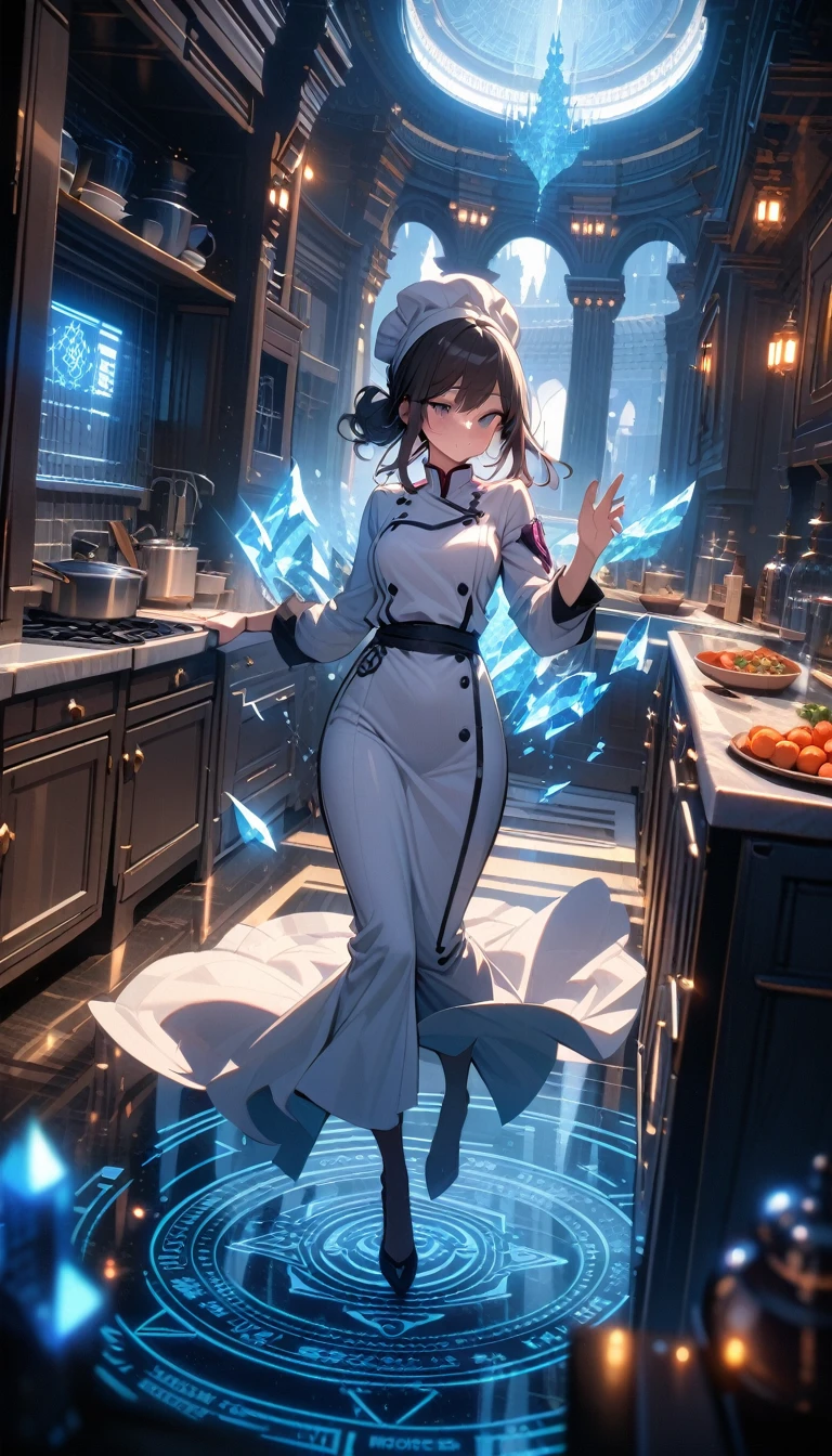 ((best quality)) , ((masterpiece)) , (detailed)，1 female，beautiful detailed glow, detailed ice, beautiful detailed water, (magic circle:1.2), (floating palaces:1.3)，((kitchen))，Female chef，High heel，((whole body))