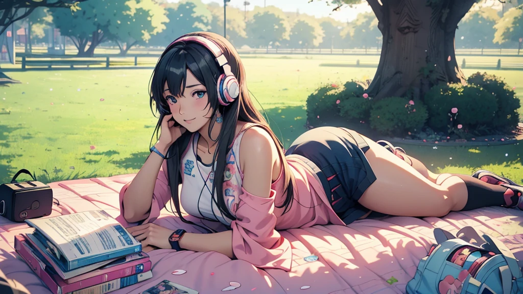 anime girl with headphones sitting on a bench in front of a tree, anime visual of a cute girl, beautiful anime girl, (anime girl), beautiful anime high school girl, nightcore, an anime girl, clean detailed anime art, young anime girl, anime girl, cute anime girl, anime style 4 k, anime girl with long hair, pretty anime girl, (headphones:1.3), (😱:1.8)(😳:1.4), white panties, wind lifting skirt, cherry blossoms --auto
