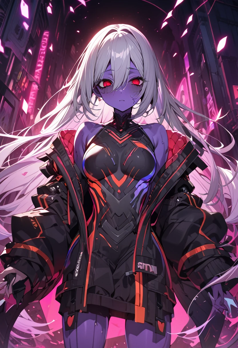 A highly detailed portrait of a solo 1girl standing on a street corner, during a rainstorm with lightning strikes and a cloudy sky, neon and cyberpunk background, she is wearing punk clothes with silver chains and silver spikes, wearing glasses, Big breast,she has a butterfly wing hairclip in her wild hair, she has headphones and a necktie on, petite, detailed glowing red eyes with distinct pupils, ominous aura Halo, smile, punk, cyberpunk, backlighting, masterpiece, best quality, intricate detail, absurdres, chromatic aberration, depth of field, soft lighting, tone mapped, highly detailed, artstation, concept art, smooth, sharp focus, dramatic lighting, vampire queen, highly detailed artwork, pink lightning, cinematic, trending on Artstation, 8K, incredible shadows, (highly detailed background:1.0)