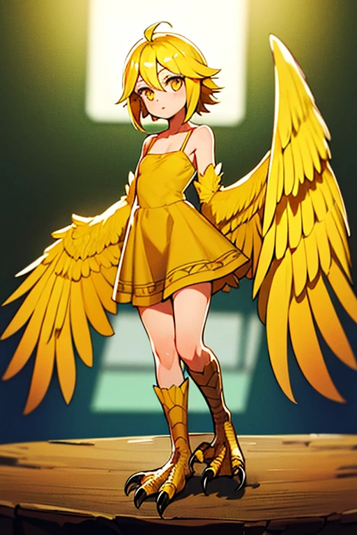 1girl, harpy, feathers, full body, talons, yellow hair, yellow feathers, yellow dress with tribal patterns, teenager, small breasts, thin body, big wings, Original Character, Volumetric Lighting, Best Shadows, Shallow Depth of Field, Stunningly Beautiful Girl, Delicate Beautiful Attractive Face