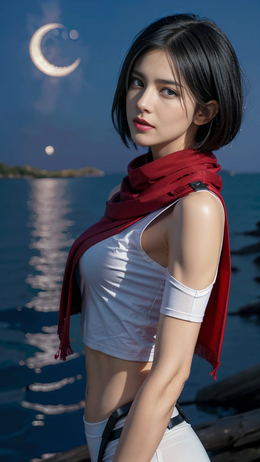 8 K, top quality, complex parts, ultra detail, ultra high resolution, masterpiece, random angle, Mikasa Ackerman, slim, smile, (draw up: 0.4), (Пушистые Blue eyes: 1.21), Blue eyes,, ((whole body)), 1 girl, One, 1 girl, (( whole body)), Close-up, , , ((high)), (((slender body))), (((slender face))), Sharp face, keen eyes, (((black hair, short hair, bang )) ,(detailed face), Sharp face, small lips, thin lips,
((red scarf, Crop top, thigh strap)), detailed face, detailed breast, , big breasts, detail, , Beautiful girl with emphatically slim abs: 1.4, Six pack abs: 1.4, Bust Botox, big, perfect body, detail leg, (( Moonlight)), ocean