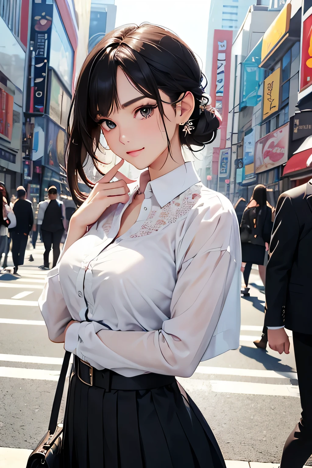 chichi from dragon ball anime, bun hair, black hair, bangs, black eyes, beautiful, beautiful woman, perfect body, perfect breasts, wearing a white formal shirt, black blazer, black trousers, carrying a bag, wearing a watch, wearing earrings earrings, in public, creatures in tokyo city, on the street, looking at the viewer, a slight smile, realism, masterpiece, textured leather, super detail, high detail, high quality, best quality, 1080p, 16k