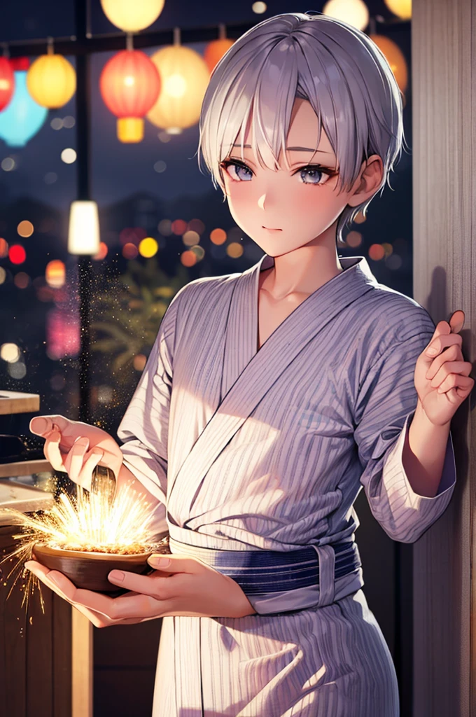 Silver Hair　Short Hair　Beautiful Boy　Baby Face　firework　yukata　night