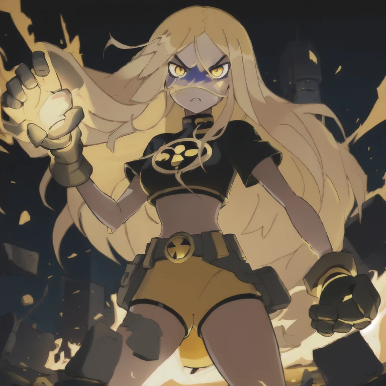 masterpiece,best quality, thick outline, (cartoon),1girl, solo,  Terra_DcCartoon, furious, long blonde hair, glowing yellow eyes, glowing yellow hands, hand up, debris, yellow lights, black shirt, yellow shorts, flame eyes, belt,  eyeliner,   in the city, sfw, 