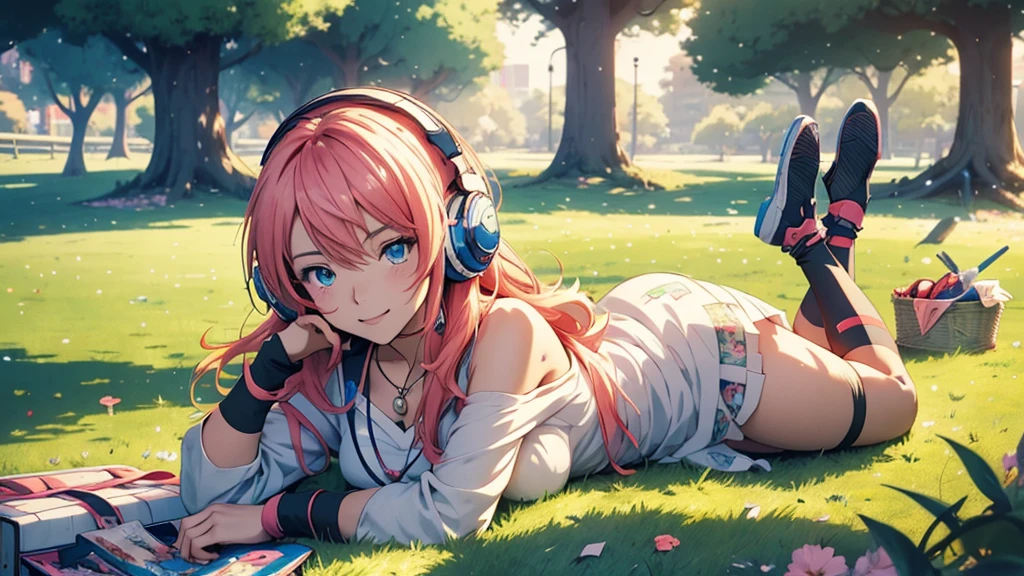 Woman wearing headphones, Anime Style 4 k, anime wallpaper 4k, anime wallpaper 4k, 4k anime wallpaper, anime art wallpaper 4k, anime art wallpaper 4k, Anime Style. 8k, Anime atmosphere, , Ultra HD Anime Wallpaper, Anime Art Wallpaper 8K, Anime Background,landscape、grassland、Lying down、Meadow、picnic