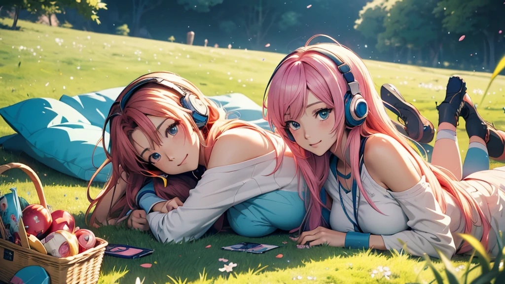 Woman wearing headphones, Anime Style 4 k, anime wallpaper 4k, anime wallpaper 4k, 4k anime wallpaper, anime art wallpaper 4k, anime art wallpaper 4k, Anime Style. 8k, Anime atmosphere, , Ultra HD Anime Wallpaper, Anime Art Wallpaper 8K, Anime Background,landscape、grassland、Lying down、Meadow、picnic