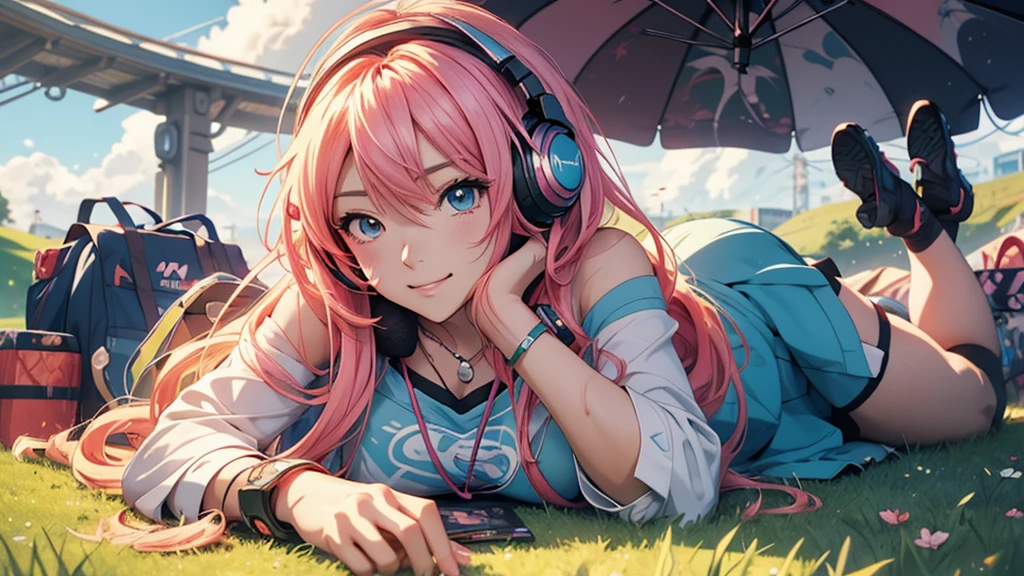 Woman wearing headphones, Anime Style 4 k, anime wallpaper 4k, anime wallpaper 4k, 4k anime wallpaper, anime art wallpaper 4k, anime art wallpaper 4k, Anime Style. 8k, Anime atmosphere, , Ultra HD Anime Wallpaper, Anime Art Wallpaper 8K, Anime Background,landscape、grassland、Lying down、Meadow、picnic
