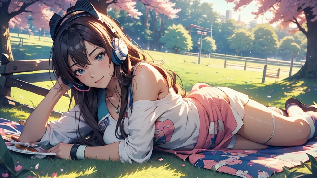 Woman wearing headphones, Anime Style 4 k, anime wallpaper 4k, anime wallpaper 4k, 4k anime wallpaper, anime art wallpaper 4k, anime art wallpaper 4k, Anime Style. 8k, Anime atmosphere, , Ultra HD Anime Wallpaper, Anime Art Wallpaper 8K, Anime Background,landscape、grassland、Lying down、Meadow、picnic