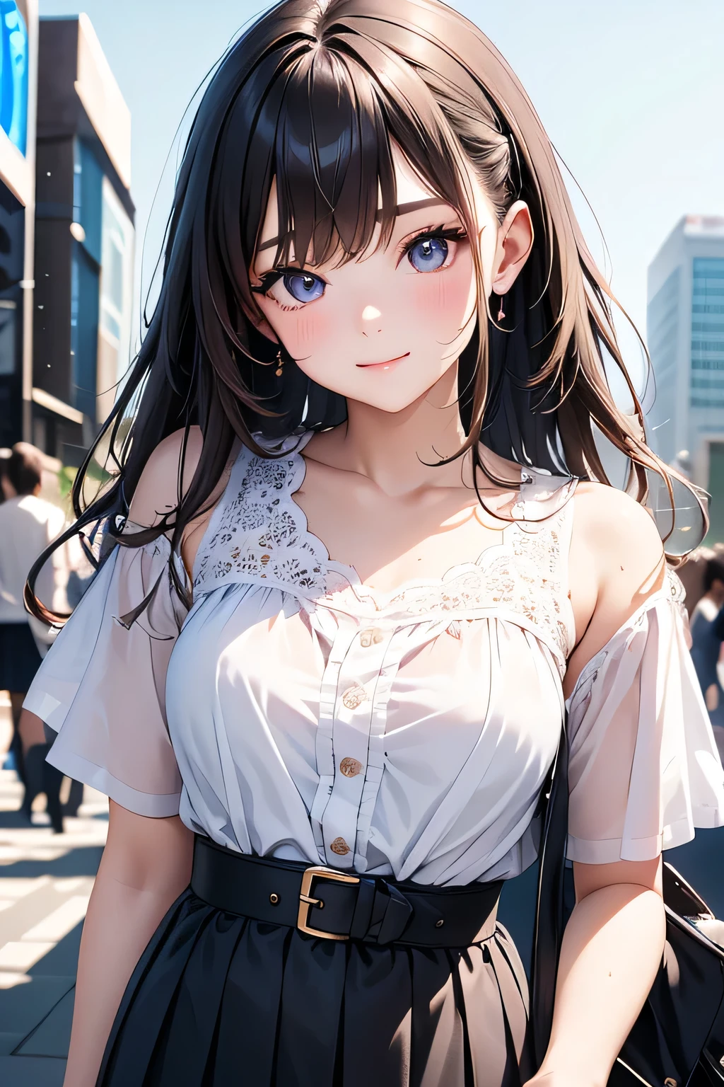 RAW photos, camera gaze, ((top quality, 8k, masterpiece: 1.3)), sharp focus: 1.2, white shirt, pretty features, best smile, cute smile, beautiful woman in perfect style: 1.4, slender abs: 1.2, dark brown hair, (natural light, city street: 1.1), highly detailed face and skin texture, detailed eyes, double eyelids