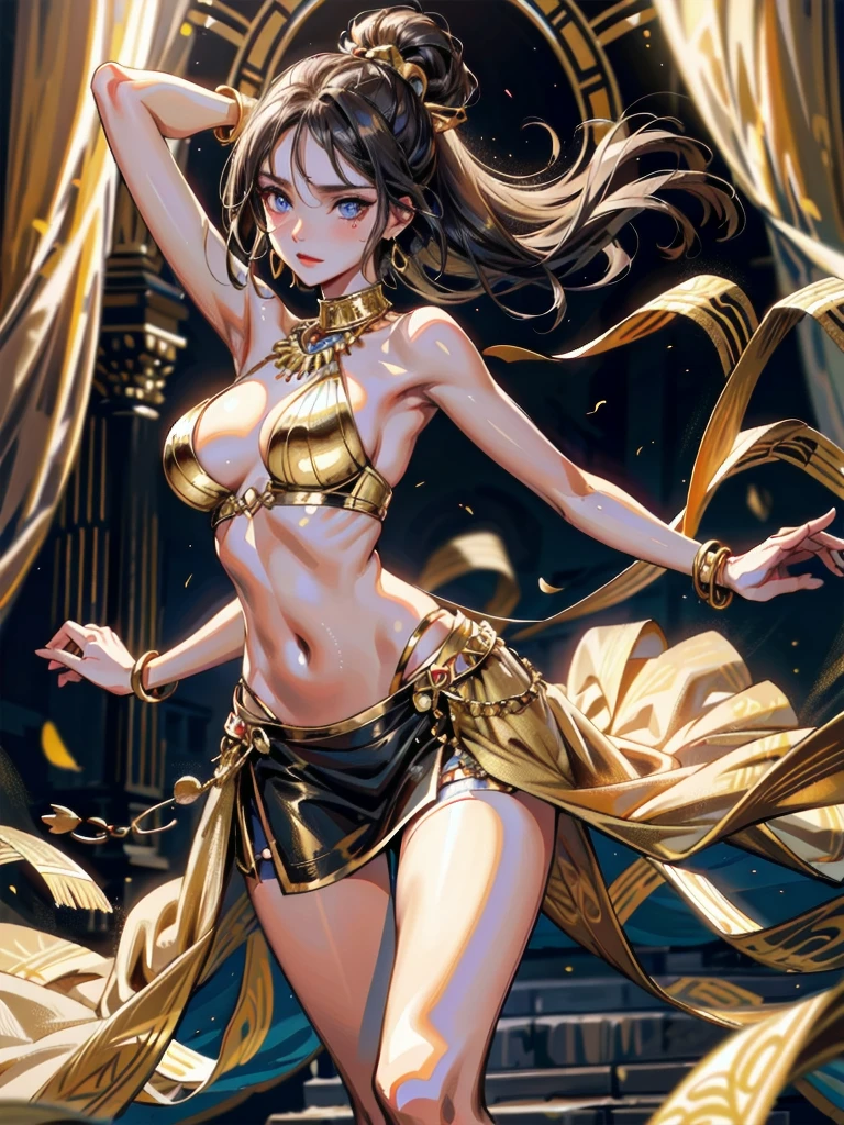 absurdres, RAW photo, extremely delicate and beautiful, masterpiece, Best Quality, ultra high resolution, 32k, hyperrealistic, ultra-detailed, perfect anatomy, anatomically correct, perfect figure, Perfect Style, Perfect balance, super Detailed skin, in her 30s, very Slim body, narrow waist, very small head, very small face, delicate facial features, handsome detailed woman, very detailed eyes and face, realistic face proportions, Realistic beautiful face, Realistic beautiful eyes, tearful mole, earring, huge round tits, whole body shot, medium hair, outdoor, Arabic dancers, Gorgeous dance costumes, platinum gold clothing, in ancient egyptian palace, ancient egyptian decorated palace, gold earrings, golden necklace, Golden bangles, Gold anklet, Gold-tone waist chain, Gold foil series, Arabic dancers,