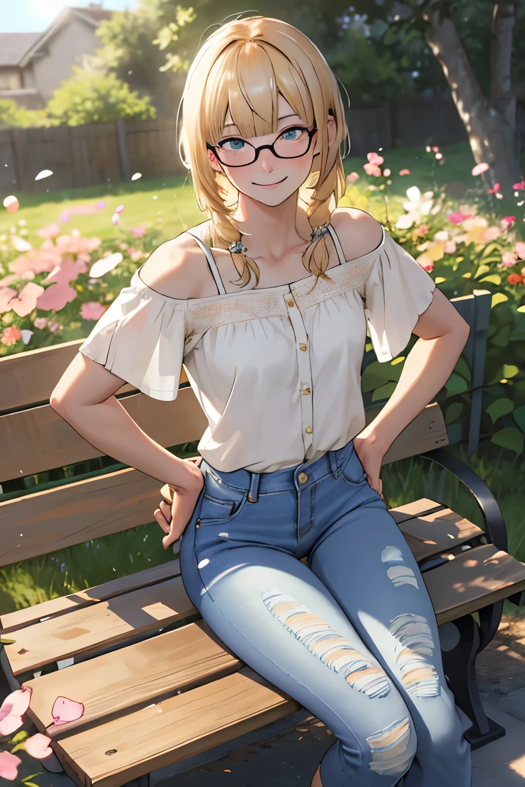 Prompt: Kano with blonde hair, high resolution, 1 female character, Shounen-Ai, Eyeglasses, shoulder-length hair, youthful, bright eyes, detailed face, (All Hair: 1.2), (Short fringe: 1.2), subtle freckles, casual outfit, (jeans and blouse: 1.2), (Barefoot: 1.2), cheerful expression, gentle smile, (hands on hips: 1.2), well-lit scene, (sunlight: 1.2), sitting on a bench, (surrounded by flowers: 1.2), by artist S2.