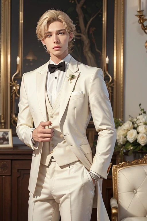 (8k, Best Quality, masterpiece:) angel ,It has no wings , male ,humanized light skin color, delicate, no body hair ,muscular without exeder and marked waist, short wavy very light blonde hair , light honey colored eyes , white tuxedo suit