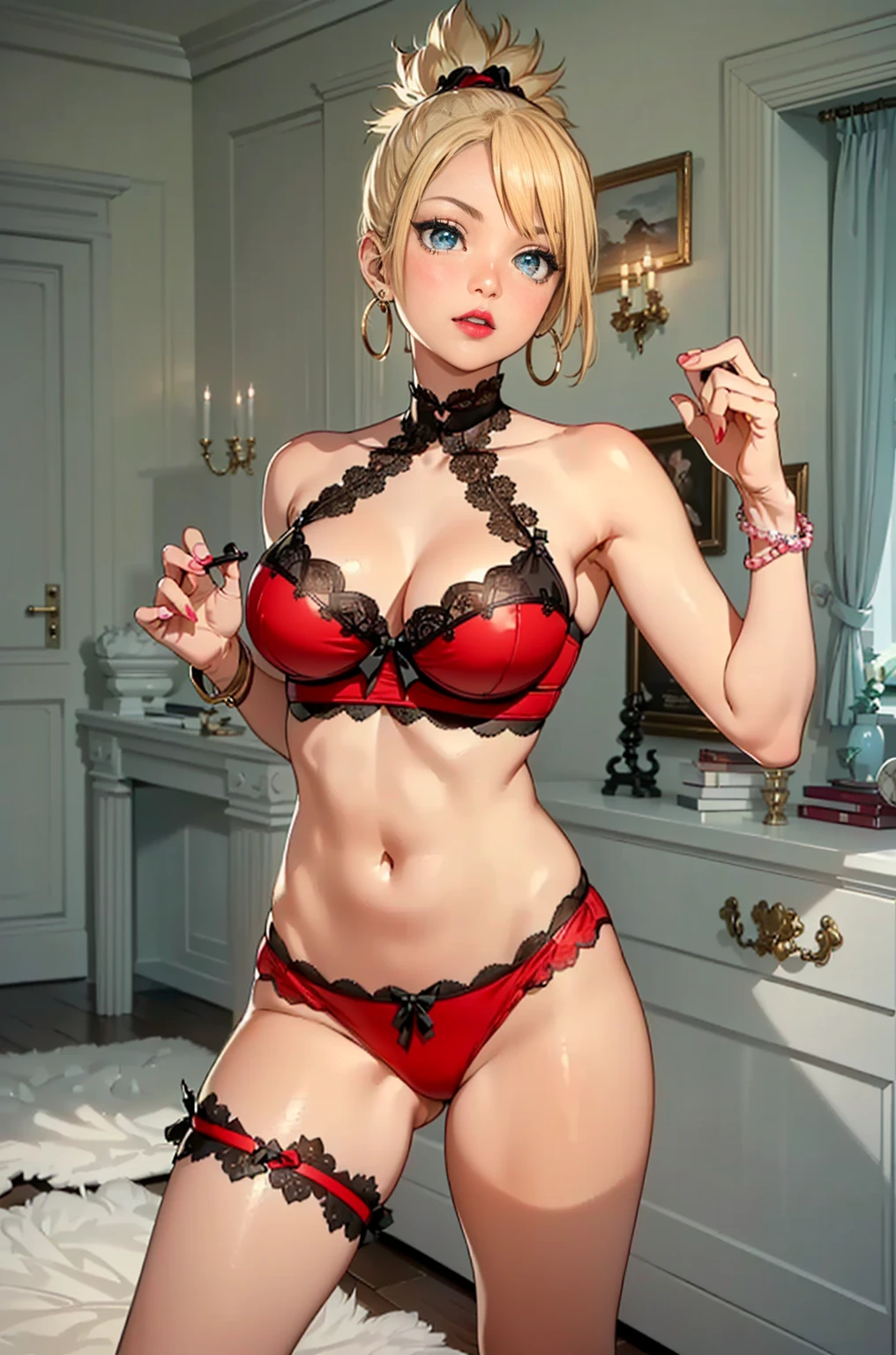 ((1woman, (solo, 1girl, alone), kohaku, blonde hair, blue eyes, tied hair)), smug, ((solo, (1woman, pink lipstick), Extremely detailed, ambient soft lighting, 4k, perfect eyes, a perfect face, perfect lighting, a 1girl)), austere, ((woman knight, (lace lingerie, red and black bra, red and black panties, living room, entrance hall, modern mansion, bracelets, earrings))