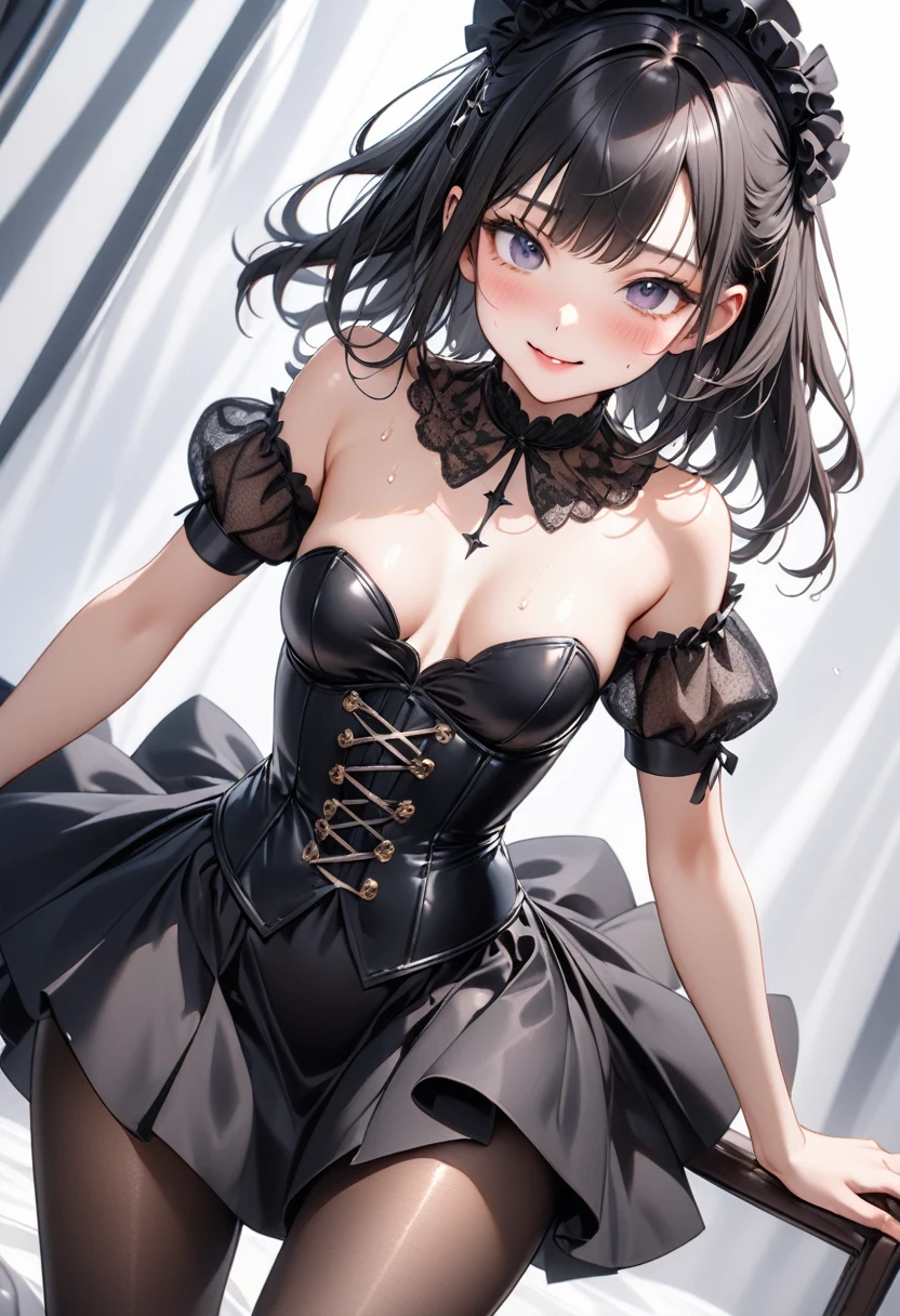 (((Wearing an elegant, shiny gothic dress a silk, corset and skirt, pantyhose))), skinny, solo, 1 woman, Masterpiece, highest quality, highest quality, 16K, incredibly absurd, highly detailed, 2.5D, ai-generated, delicate and dynamic, very delicate facial expressions, delicate eye depiction, erotic, only sexy woman, ((A cute and kind face)), healthy figure, ((25-year-old woman)), 160cm tall, medium firm swaying bust,, blush, Sweat,Embarrassed,sexy, ((thin thighs)), NSFW, (Erect nipples:0.8), shiny and lustrous, facing straight at viewer, smile, ((Oily_skin)), ((dutch angle)), ((erotic pose)), Fashion Model poses, Fashion Model style, (Close-up),