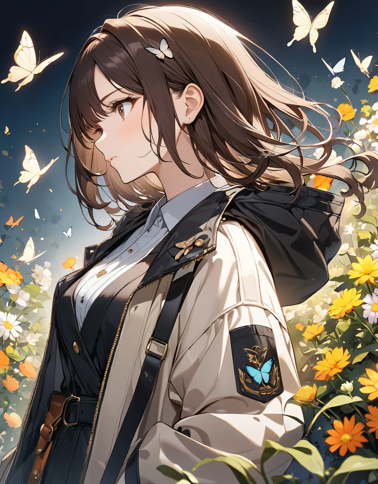 Butterflies are flying、Facing at an angle、1girl, dark brown hair, stylish, stylish code, large jacket, flower gaden