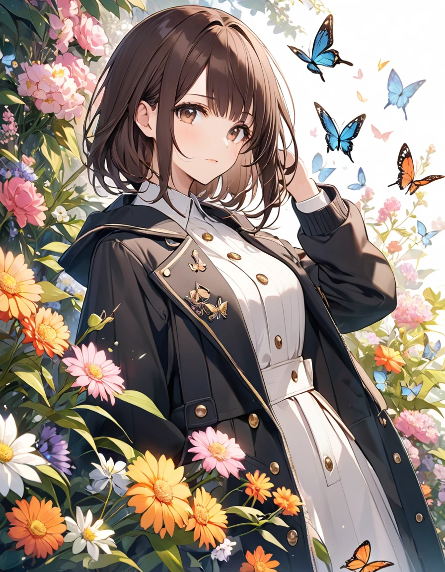 Butterflies are flying、Facing at an angle、1girl, dark brown hair, stylish, stylish code, large jacket, flower gaden