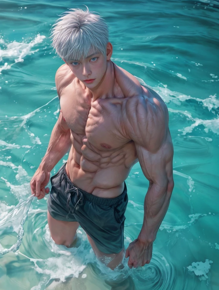 1boy, adult, handsome, perfect face, detailed eyes and face, clean shaved, muscular, capturing a rural atmosphere, dynamic lighting, unreal engine 5, hd picture, satoru gojo, white hair, short hair ,hair between eyes ,blue eyes, white skin, pink nipple, milk nipple details, water details