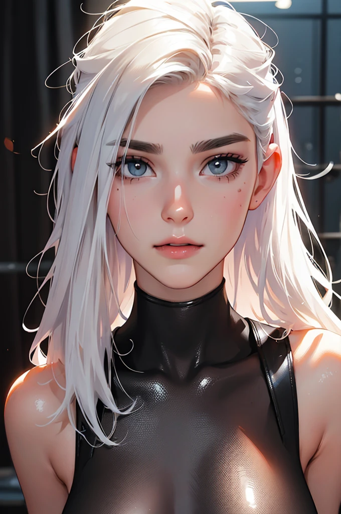 maximum quality, Caucasian skin, real human skin, (detailded), Face oval, pore, ultra high definition, (8k, RAW photograph, photorrealistic: 1.4), a girl, slender, abs, (Kind and Goddess eyes) happiness: 1.2), (Lip gloss, eyelash, bright face, best qualityer, ultra high definition, Ample Lighting, natural shading), white hair, dark makeup, black leather bodysuit