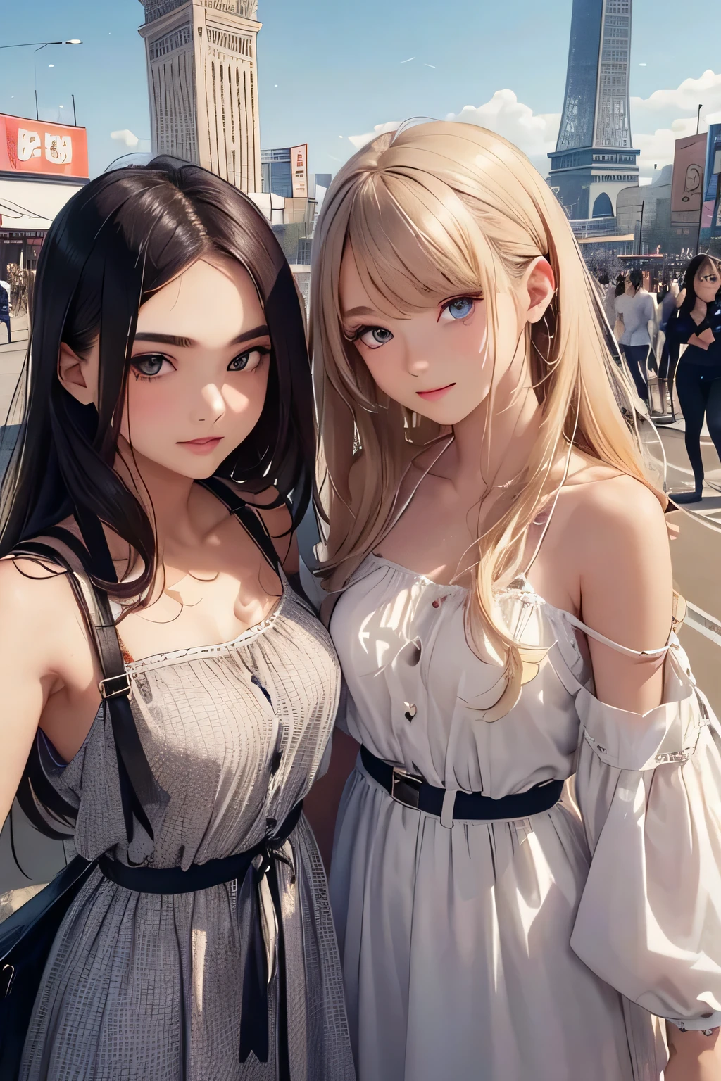 Highest quality、High resolution、Detailed Background、(Beautiful face in every detail:1.4)、Anatomically correct、(Detailed facial expressions)、(Detailed eyes:1.2)、Teenage beauty、(Highly detailed face:1.2)、Perfect body line、well-groomed eyebrowodel pose、Cowboy Shot、Shibuya、Harajuku、
(Two beautiful model girls on the background of a landmark:1.5)、
A shirt dress is a versatile item that can be worn on its own, making it comfortable to wear and can also be worn casually or formally.、Mark your waist with a belt and match with accessories、Cami dresses are the perfect item for summer.、Updos and downdos etc.々Let's try out different styles、Natural makeup and gorgeous makeup々There is a makeup、very beautiful