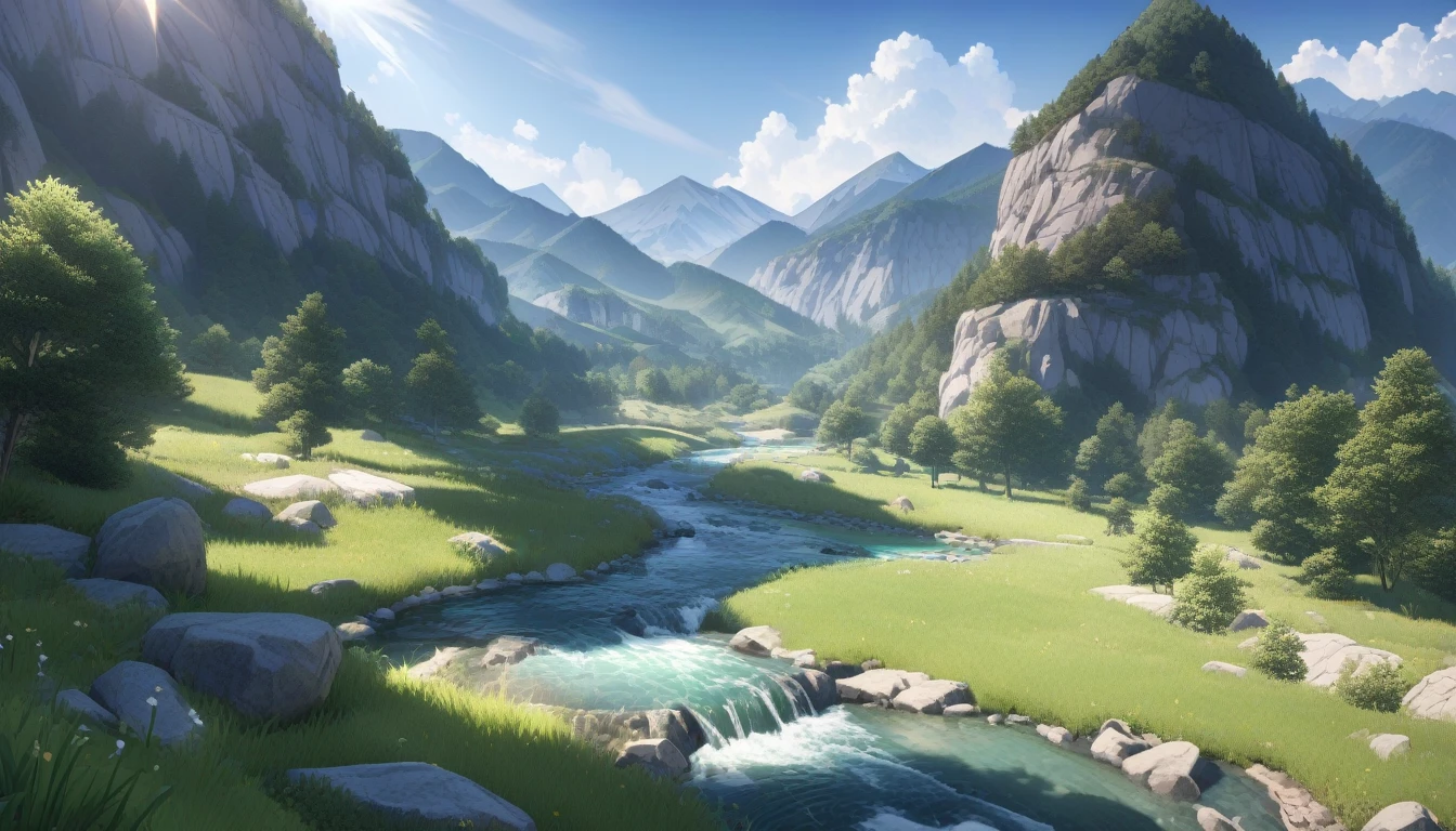 ultra-detailed, (professional lighting) hyper detailed, absurdres, 8k, noon, summer, A stream flowing through the mountains
