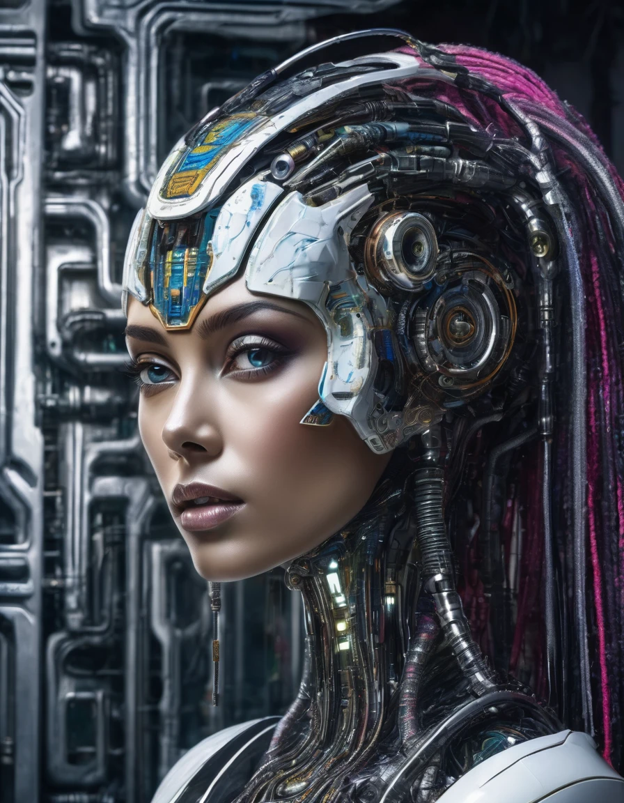 A remarkable biomechanical entity resembling an alien cyborg woman, featuring a stunning silver metallic head and glossy porcelain white & all covered by small colorful rectangle tiles, face equipped with a high-tech device and black hair styled in dreadlocks, reminiscent of H.R. Giger and Flora Borsi's work. This is the portrait of a cyborg queen, a fusion of girl and alien, a sci-fi woman's visage, a detailed cyborg portrayal, a female face of cybernetic machinery,HDR,32k