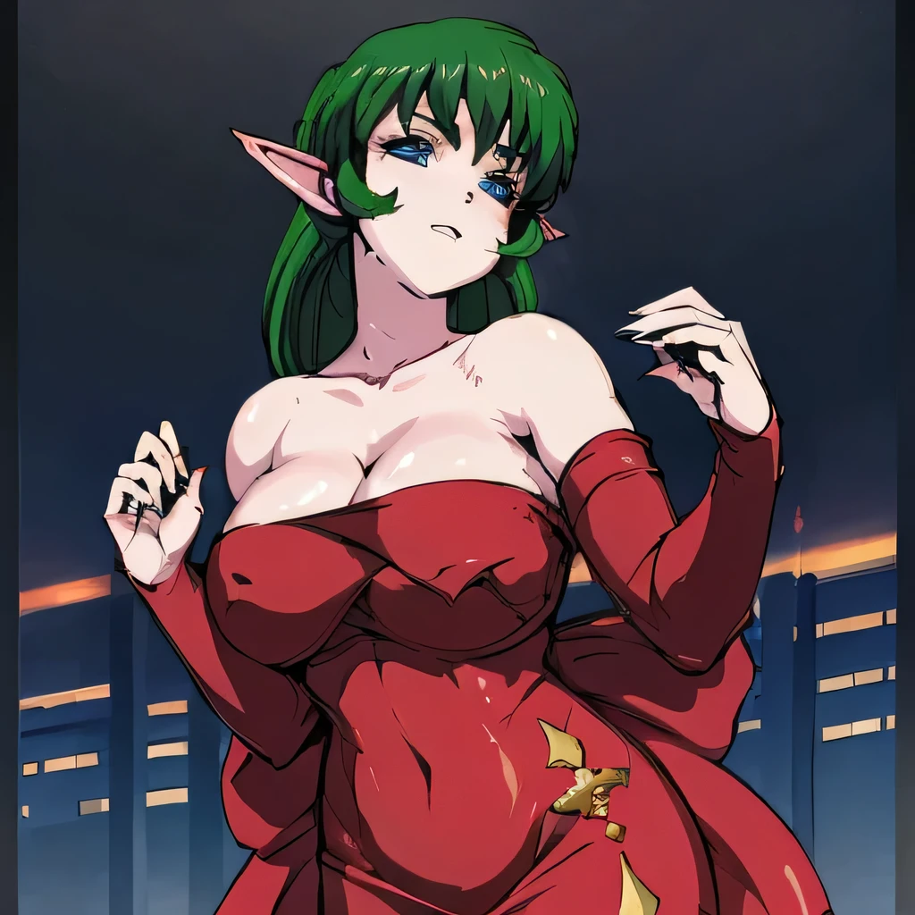  ((masterpiece,best quality,ultra-delicate,Perfect Face,16k,high resolution,very beautiful girl)),medium short green hair,Red strapless bodycon tube dress ,Red long arm sleeves,red high heels,Elf Girl,large Breasts,blue eyes,cute smile:1.2,seductive pose:1.2,cowboy shot