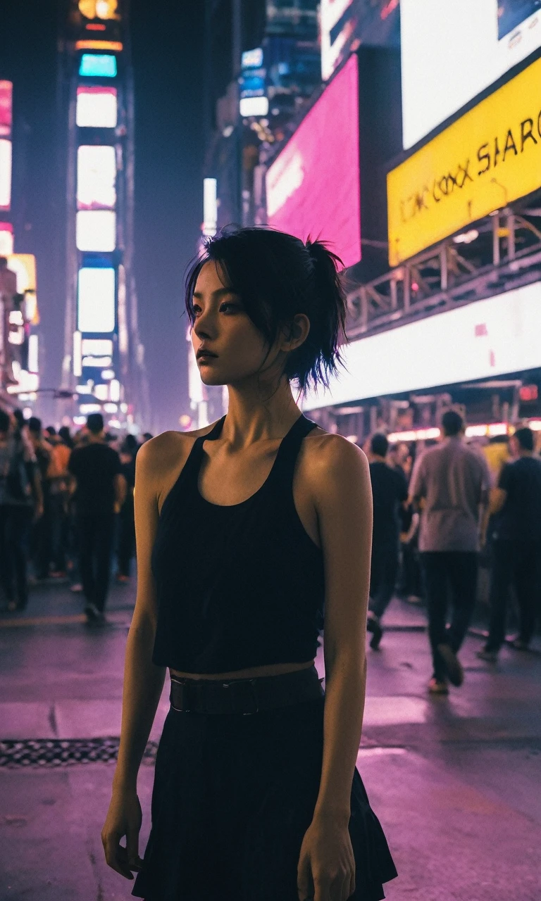 xxmixgirl,1 Detailed face of a woman、time square、Detailed Background、Cyberpunk Shadow、(((Running))),Dramatic lighting、Author: bill sienkiewicz ( Simple Positive XLv1:0.7) ,Little Lori'Appearance,Bunny ears on the head,Black scorpion braids that hang down to her waist,The cute face is white and red,The legs are thin and slender,She is wearing a little pink coat,White jumpsuit,Pale pink Mary Jane shoes,Fairytale forest in the background。