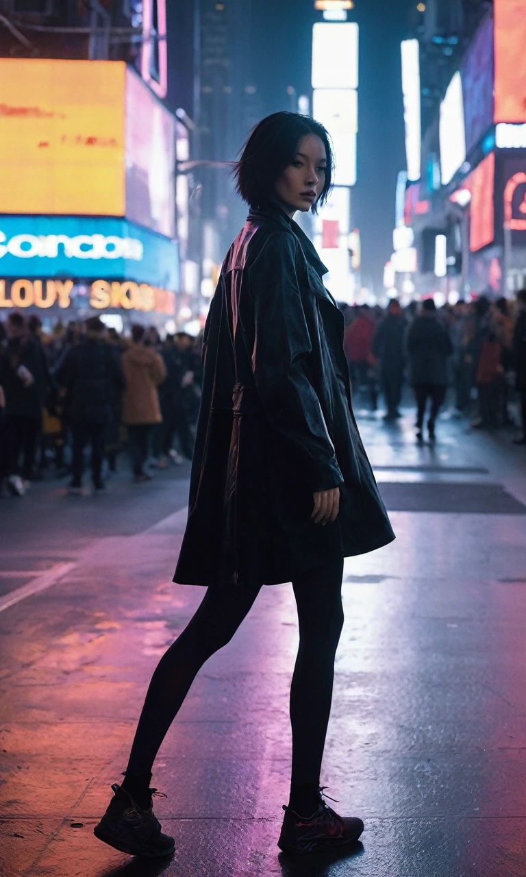 xxmixgirl,1 Detailed face of a woman、time square、Detailed Background、Cyberpunk Shadow、(((Running))),Dramatic lighting、Author: bill sienkiewicz ( Simple Positive XLv1:0.7) ，Little Lori&#39;Appearance，Bunny ears on the head，Black scorpion braids that hang down to her waist，The cute face is white and red，The legs are thin and slender，She is wearing a little pink coat，White jumpsuit，Pale pink Mary Jane shoes，Fairytale forest in the background。