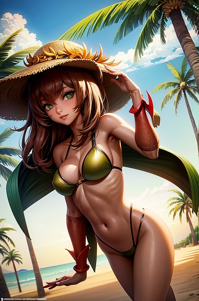 masterpiece, rich colors, Best quality, detailed, high resolution, Hyper quality, high detail, , high quality, detailing, skinny sexy girl on the beach , bright lighting , green eyes, anime, palm trees, bright lighting,