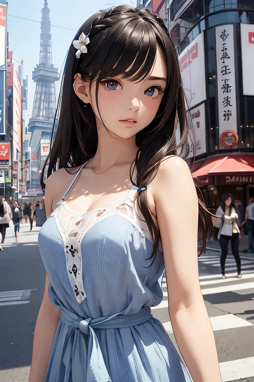 A girl wearing a white camisole and denim skirt, Cute gestures, Black hair in a ponytail, Look at me, Sulky face, Sitting face to face on the endless roads of Hokkaido, The background is blurred,