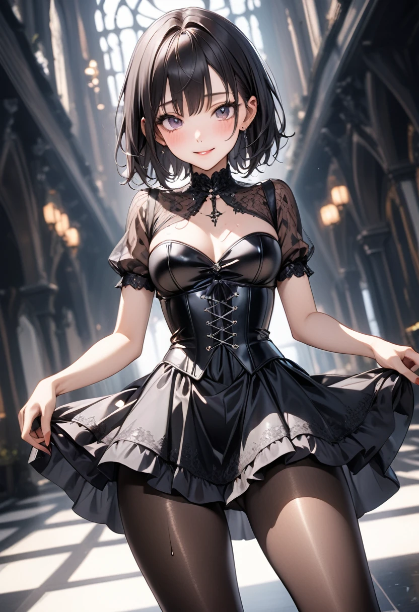 (((Wearing an elegant, (shiny gothic dress a silk), corset and skirt, pantyhose))), skinny, solo, 1 woman, Masterpiece, highest quality, highest quality, 16K, incredibly absurd, highly detailed, 2.5D, ai-generated, delicate and dynamic, very delicate facial expressions, delicate eye depiction, erotic, only sexy woman, ((A cute and kind face)), healthy figure, ((25-year-old woman)), 160cm tall, medium firm swaying bust,, blush, Sweat,Embarrassed,sexy, ((thin thighs)), NSFW, (Erect nipples:0.9), shiny and lustrous, facing straight at viewer, smile, ((Oily_skin)), ((dutch angle)), ((erotic pose)), Fashion Model poses, Fashion Model style, (Close-up),