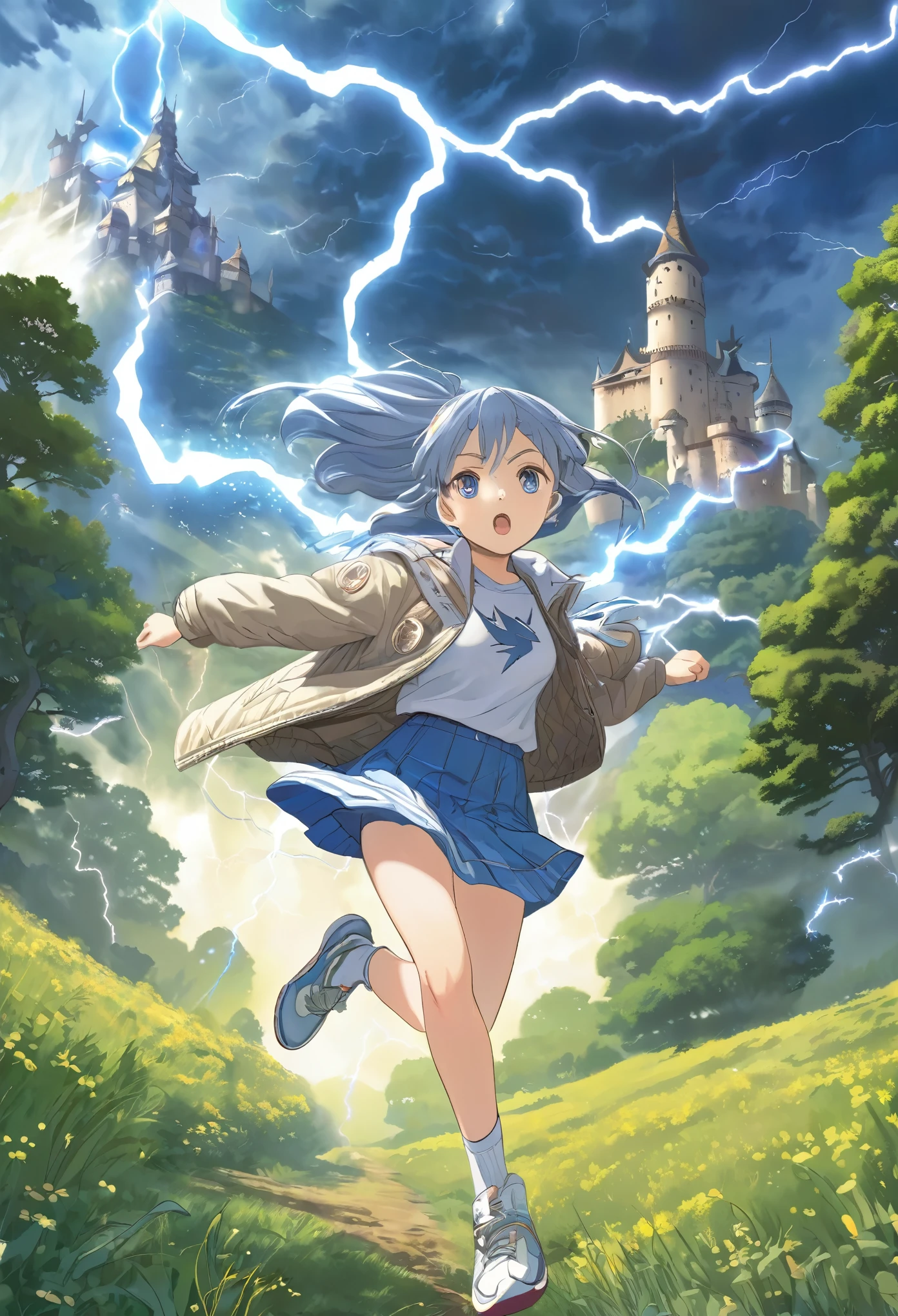 Light blue long hair、Twin-tailed Girl, Flowing hair and a stern face, Running through the forest、A white Western-style castle in the background、Splash Art、White owl flying in the sky、She is wearing an oversized jacket, Casual T-shirts, and short skirt, Complement with sneakers. Lightning from the sky、 A flash of light runs、Face Highlights、The girl is depicted in an action pose, Release your energy and sense of adventure, A gentle breeze blows through her hair. anime girl in a field with lightning in the sky, goddess of lightning, Splashes of lightning behind her, with lightning, detailed lighting and thunder, she is attracting lightning,