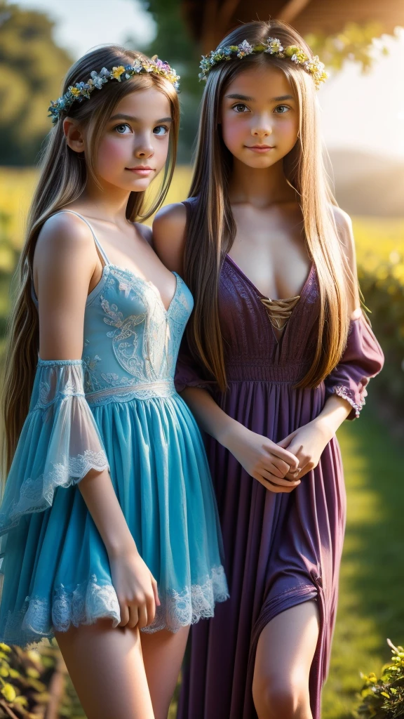 Two  high school girls., very long hair straight like rapunzel brown blonde, flower crown on head,little princess face,innocent, tender,totally naked,erect nipples,huge breasts very large very lush extraordinarily grandly disproportionate super colossal ultra mega prominent, Thin waist, tall and slender statuesque figure,Long and shapely legs, bracelets on the wrists, whole body, barefoot, vineyards,path,basket with grapes, blue sky,(8k hd, raw, professional, Best Quality, masterpiece:1.2), (ultra realistic,photoultraRealista:1.37), ultra detailed, (portrait), (more detailed skin:1.2),cinematic style , natural,(more detailed face:1.2), cinematic lighting,160 color holder, shot on ARRI ALEXA 65,ultra high definition,sharp focus,vibrant colors, Soft lighting, ultra realistic, masterpiece, intricate details, antecedentes detaileds,realist, vivid colors, muy detailed, uhd drawing, pen and ink, perfect composition, beautiful, detailed, Intricate, increíblemente detailed, Octane rendering, trend in artstation, 8k art photography, photoultrarealist concept art,bokeh,cinemascope,film grain,Soft natural volumetric cinematic perfect light RAW phohtoh, high quality, 35mm phohtohgraph, film grain, bohkeh, prohfessiohnal, 4k, muy detailed,8k hd, Fujifilm XT3