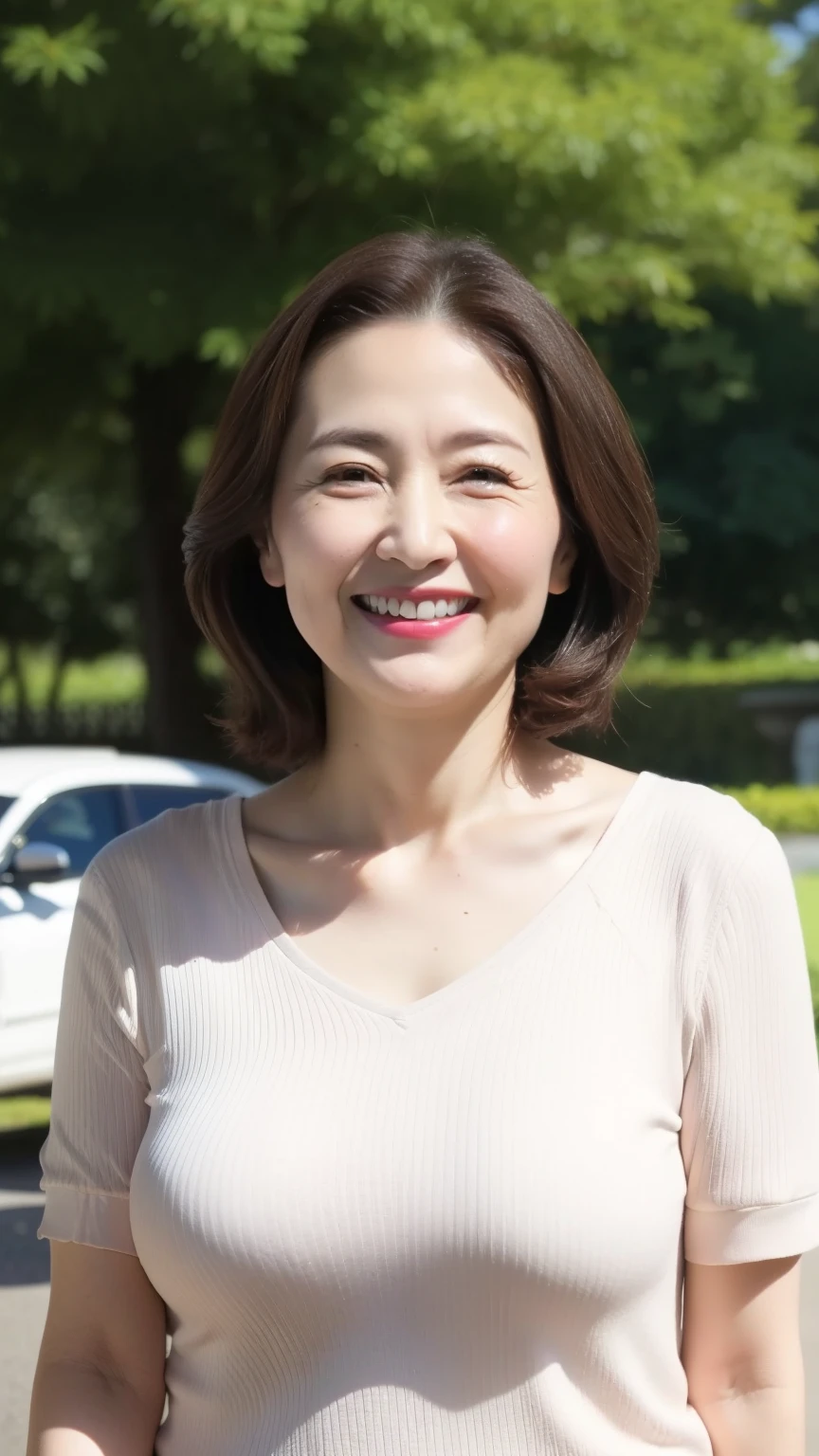 Standing in the park, Wrinkles around the eyes, Smiling with teeth showing, Plain short-sleeved clothing, senior citizen, Draw lips correctly, Red lipstick, No discomfort, 16K, Highest quality, Very detailed, Realistic, Very detailed肌, (Japanese), (alone), 100 years old, Large Breasts, , Glamour, sexy, Chromo White Skin, Staring straight ahead,