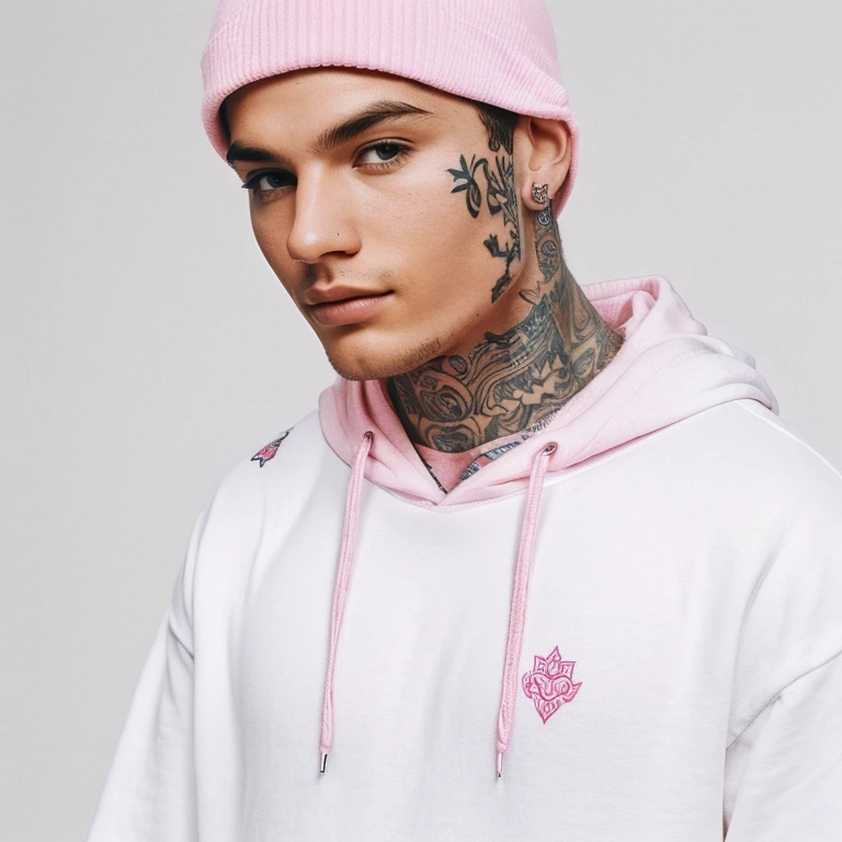 Boy
Pink hoodies
Tattoo's in neck
White background