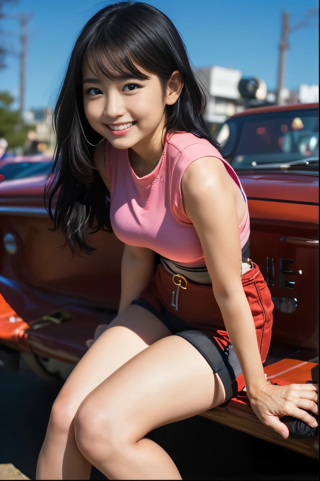 (8k、Raw photography、Highest quality、masterpiece:1.2),(Black Hair、Dark Eyes:1.9),(:1.6)、View your viewers,Front view,White skin,(:1.4)、(Tight waist:1.6)、(Clothes that accentuate the shape of the breasts:1.0)、(Big Breasts :1.3)、Slim figure、Ultra-high resolution,beautiful,beautiful fece,(One person、No background:1.9),whole bodyボディー,Japanese women,(reality的:1.37)、Photon Mapping,reality、(Baby-faced and cute: 1.4)、(Cute Smile: 1.8)、(Round face: 1.8)、Radio City、Physically Based Rendering、Depth of field rally background、photograph, (I can see your knees、Thigh close-up:1.8),(:1.6),whole body、Great quality