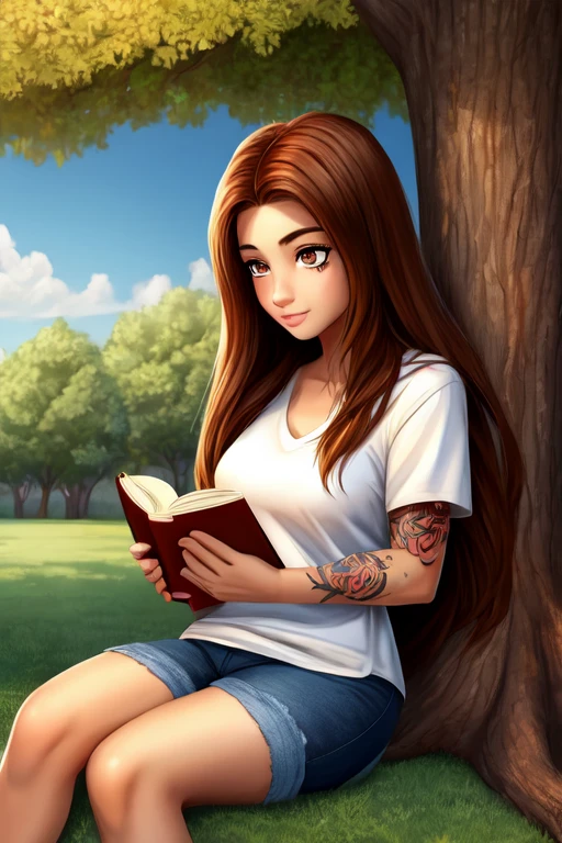 women, average stature, Long hair, not so long, chestnut, hair covering his face a little, light brown eyes, short T-shirt, warm colored clothing, semi full body, scar on the waist Background in a park under a tree, reading a book, pretty face, looking at the book, just a book, dolphin arm tattoo, let a tattoo be seen