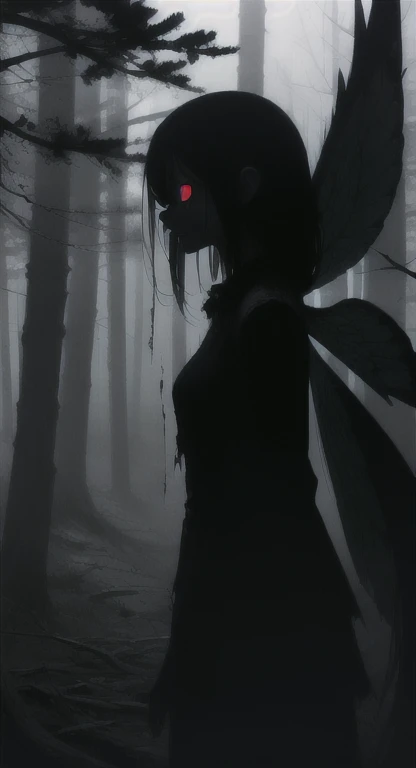 Foggy Forest, demonic silhouette, fairy shadow figure, red eyes, eyes in the fog, rotting, looking dead, torn wings, forest ruins,