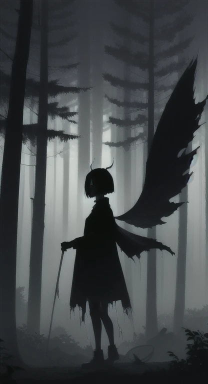 Foggy Forest, demonic silhouette, fairy shadow figure, red eyes, eyes in the fog, rotting, looking dead, torn wings, forest ruins,
