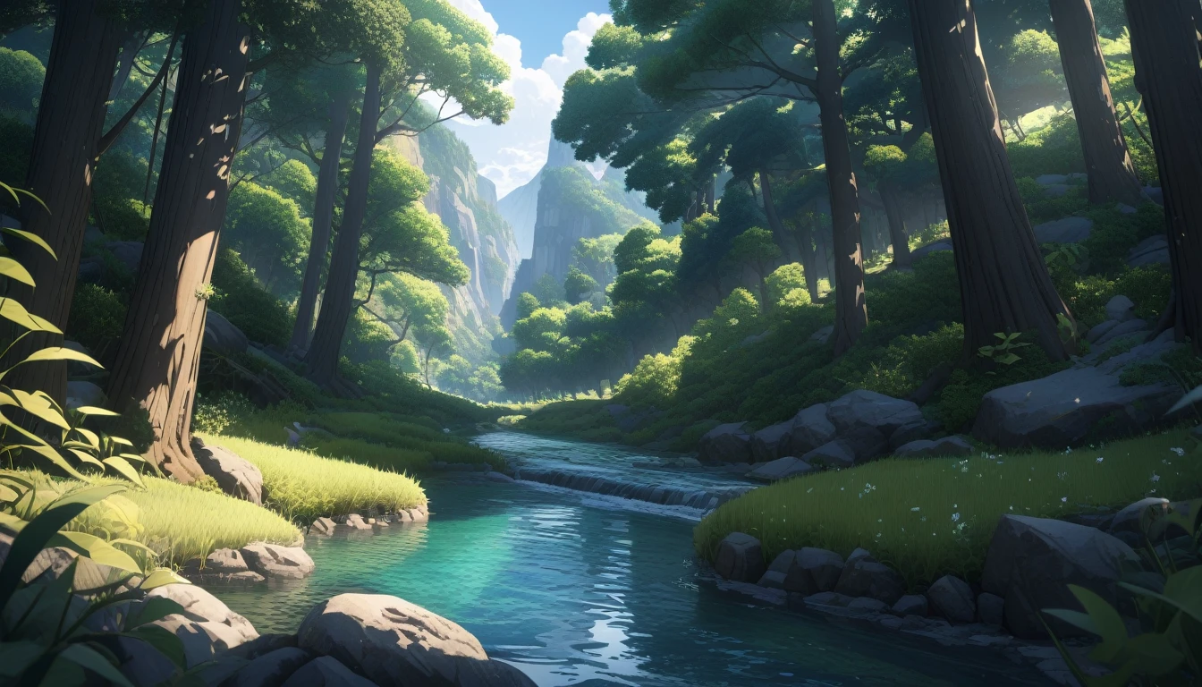 ultra-detailed, (professional lighting) hyper detailed, absurdres, 8k, noon, summer, A clear river flowing through the forest