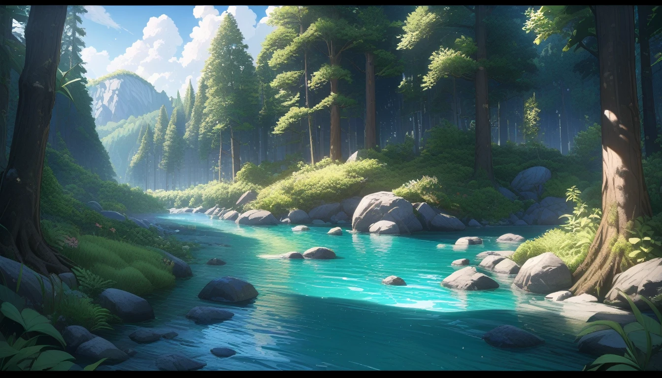 ultra-detailed, (professional lighting) hyper detailed, absurdres, 8k, noon, summer, A clear river flowing through the forest