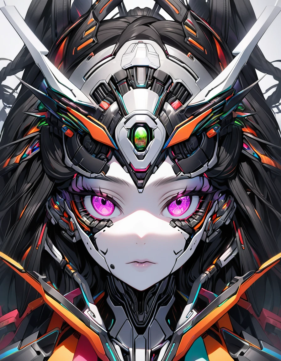 biomechanical entity resembling an alien cyborg woman, featuring a stunning silver metallic head and glossy porcelain white & all covered by small colorful rectangle tiles, face equipped with a high-tech device and black hair styled in dreadlocks, reminiscent of H.R. Giger and Flora Borsi's work. This is the portrait of a cyborg queen