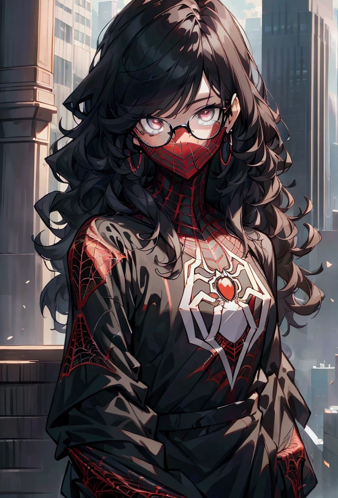 spider suit, spider web print, spider web, spider-man, Masterpiece, absurd, fine details, HDR, ((highly detailed face and eyes)), photorealistic,, focus on the eyes,, standing on the roof of a skyscraper, ((without mask)), looking at the viewer, smiling, black hair, boy focus, big hair, curly hair, round glasses, earrings, , background of New York buildings,