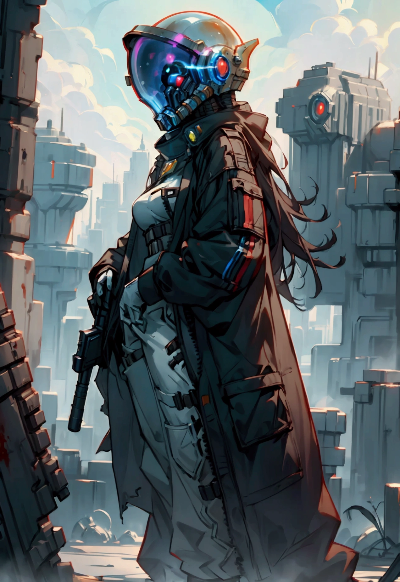 (Female Cyborg),Clothes are skimpy,(Large sagging breasts),Future Sky City,armor,kimono,ruins,sea of clouds,Combat Airship,Turret,turret,destroyer,water is gushing out,The grass is encroaching,
